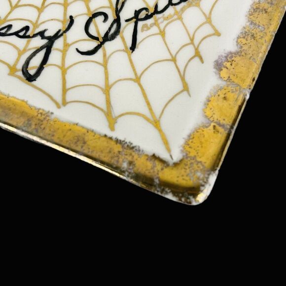 RARE Vintage 1950s Signed Spider Plates Halloween Smokey Sissy Kitschy Gold Trim - Picture 9 of 12